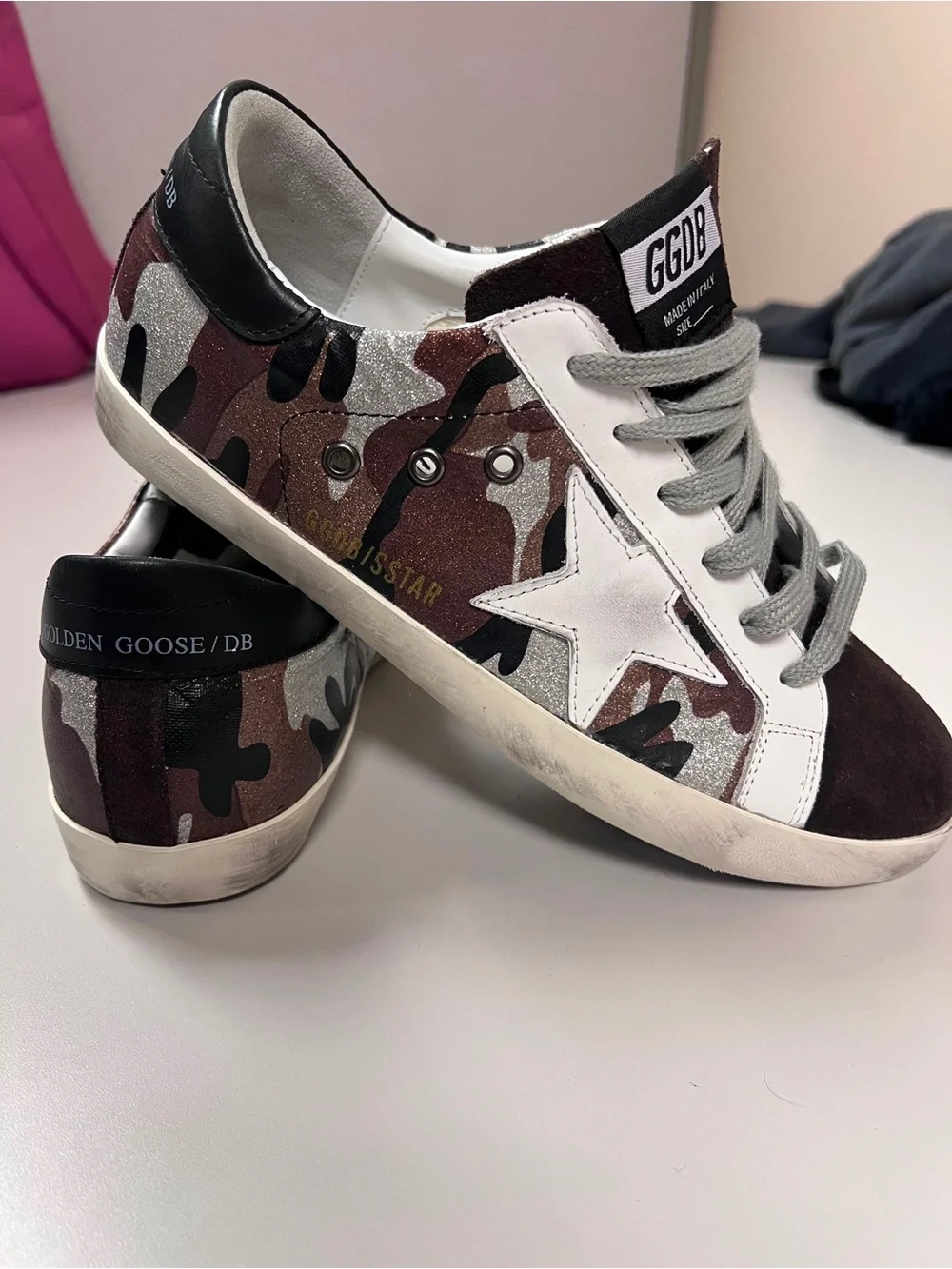 Golden Goose Kids Camo Superstar Sneakers in Brown, White & Silver